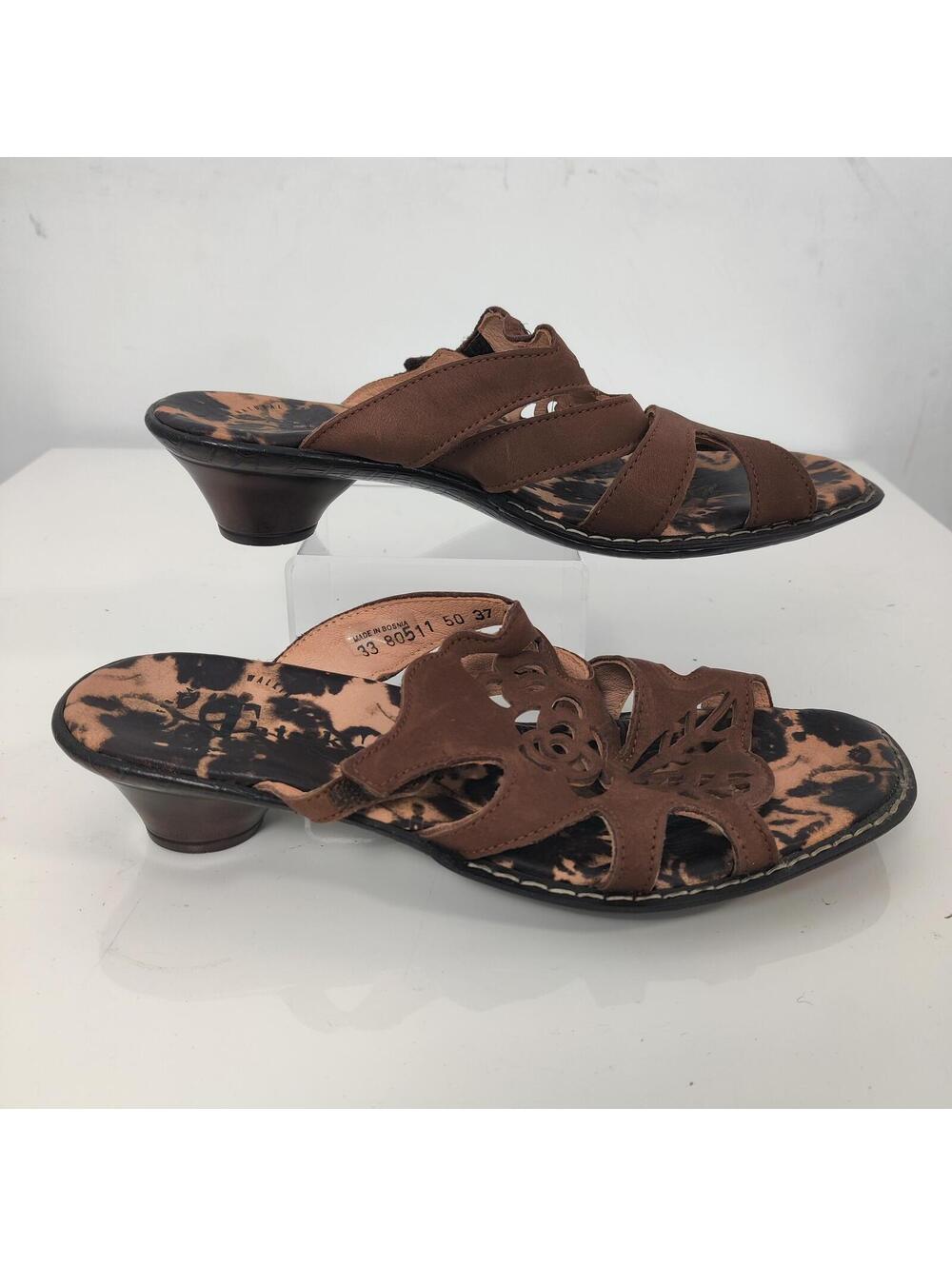 Think! Brown Leather Floral Cutout Kitten Heel Sandals EU 37